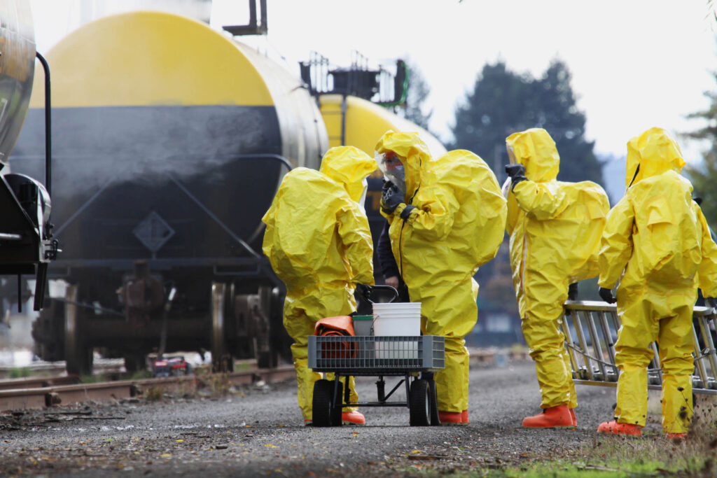 In any urban area the fire departments and emergency response teams will conduct disaster preparedness drills. These HAZMAT team members are suited up with a protective suit to protect them from hazardous materials as they investigate this mock railroad disaster.