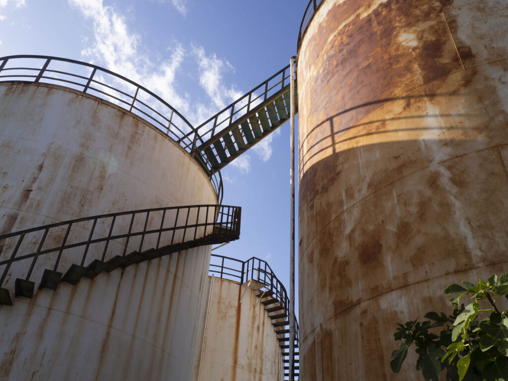 Steel panels, spiral staircase &amp; railing of a fossil fuel storage tank